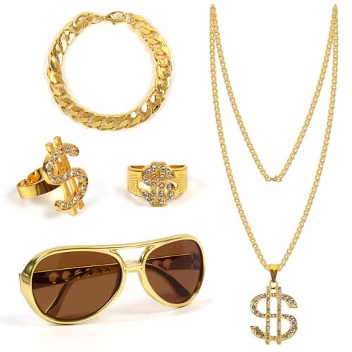 Image of FORETOGO 5 Pcs Hip Hop Costume Accessories Set, Fake Gold Chain, Glasses,Bracelet,Necklace,Ring,Gold Digger Accessories 70s/80s/90s Rapper Fancy Dress, for Hippie Rapper Disco Costume Decoration