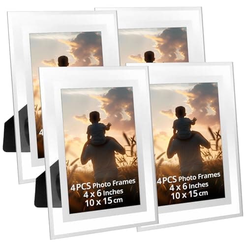 Image of QWORK® 4 Pack Silver Mirrored Glass 4x6 Photo Frames, Elegant Picture Frames, Can be Placed Horizontally or Vertically, for Tabletop Display