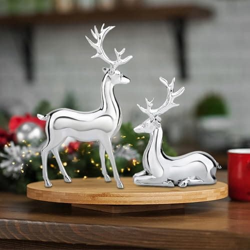 Image of Zlqemik 2 Pieces Christmas Reindeer Ornaments, Reindeer Ornaments Silver, Resin Deer Statue, Sitting & Standing Deer Figurine, For Nursery Bedside Table Living Kitchen Party