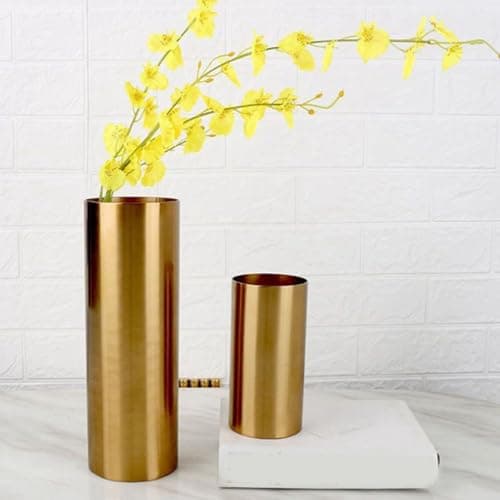 Image of HEBEOT Vase For Flowers - Metal Vase, Home Decor, Brass Finish Cylindrical Vase Perfect For Fresh Or Dried Flowers(S 10x10cm)