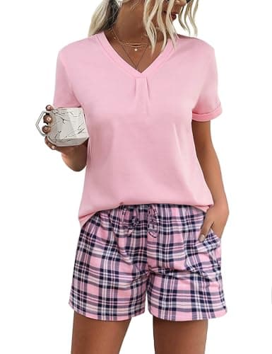 Image of Jezonga Ladies Pyjamas Sets Short Sleeve Soft Pjs Loungewear Sleepwear V-Neck Top and Plaid Shorts Nightwear with Pockets A-Pink, L