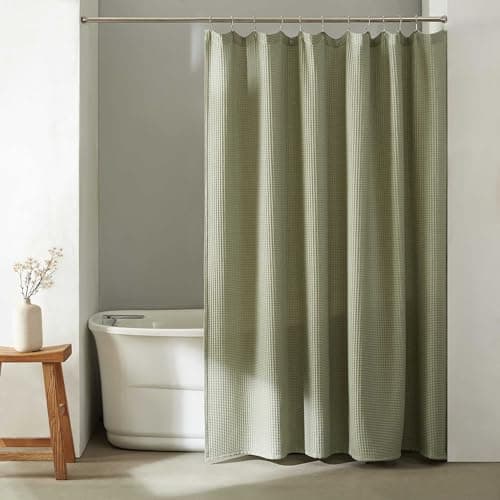 Image of Calvin Klein - Fabric Shower Curtain, Luxury Cotton Blend Bathroom Decor with 12 Button Holes (Waffle Solid Sage Green, 70" x 72")