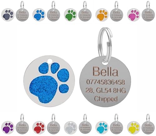 Image of LARRYROO Personalised Engraved Pet ID Tags - Round Glitter Paw Print Stainless Steel - Standard - 25mm, Blue
