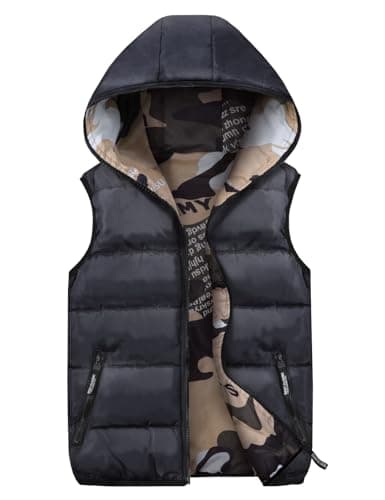 Image of MOMBEBE COSLAND Boys Hooded Gilets Down, Kids Puffer Sleeveless Fall Winter Reversible Vest, Navy Blue, 6-7 Years