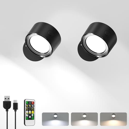 Image of LED Wall Lights with Remote, 2 Pcs Rechargeable Wall Mounted Reading Sconces Lamp 3000mAh, 3 Colors & Dimmable Magnetic 360° Rotation Wall Lighting Spotlights for Bedroom Bedside