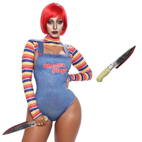 Image of HarnyLoom Chucky Costume Women, Chucky Scary Costumes for Adult Girls Tops Overalls Killer Bloody Outfit Halloween Party Fancy Dress (M)