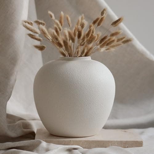 Image of TheCozyBay White Ceramic Vase – 20cm Round Flower Vase, Modern Decor for Living Room, Minimalist Leak-Proof Vases with Soft Pads, Modern Farmhouse Decor