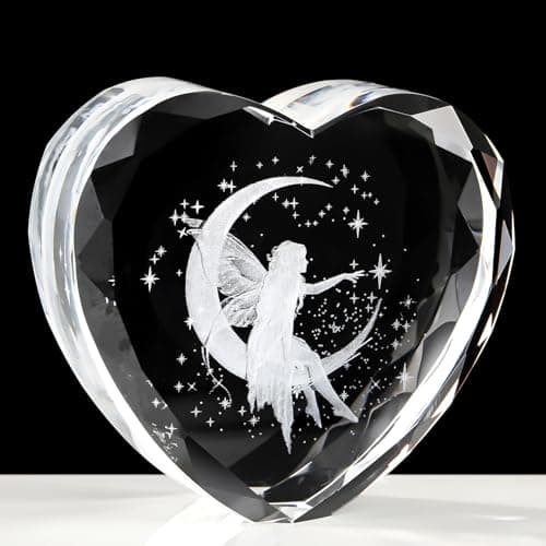 Image of Ornalrist K9 Crystal Heart 3D Moon Fairy Keepsake Gifts for Women - Charming Fairy Themed Figurine Collectible Paperweight Ornaments