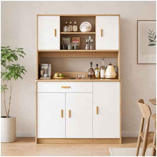 Image of Kitchen Storage Cabinets with Doors and Shelves, Pantry Cabinet Wood with Countertop Freestanding Hutch with Storage Drawers & Doors for Living Dining Room,Natural,39.3''