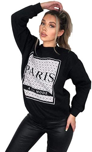 Image of Urban Fashion Women Paris Slogan Ala Mode Print Sweatshirt Ladies Casual J'Adore Crew Neck Oversized Sweater Jumper Long Sleeve T-Shirt Tops (A La Mode Paris Black, 18)