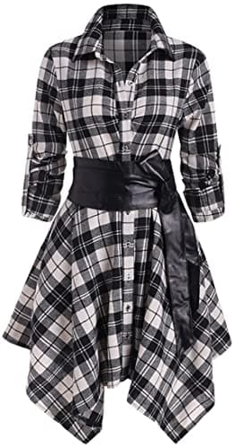 Image of OLIPHEE Women's Shirt Dress Check Tartan Shirt Long Sleeve Blouse Mini Dress Long Top Waist Belt Plaid Shirt Skirt Black XXL