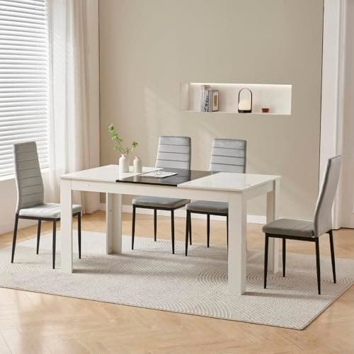 Image of Homullel 150 cm Dining Table and 4 Chairs, 4 Seater Table and Chairs Set, Kitchen Dining Room Set for 4, Compact, Space Saving (Linen Grey, 150cm, 4 Seats)