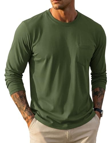 Image of MAGCOMSEN Men's Long Sleeve T-Shirt Cotton Crew Neck T-Shirts Comfort Breathable Casual Tops with Pocket,Army Green,XL