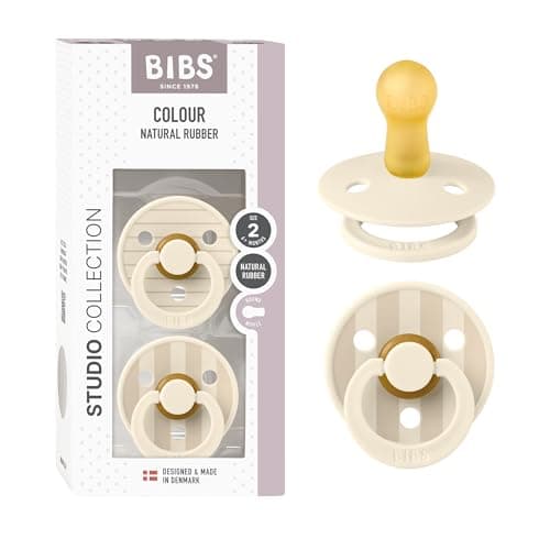 Image of BIBS Colour Studio Soother 2-Pack, BPA Free Dummy Pacifier, Round Nipple. Natural Rubber Latex, Made in Denmark, Size 2 (6-18 Months), Pin Ivory Vanilla