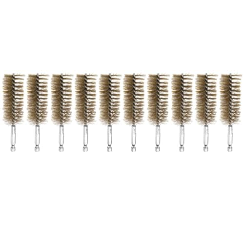 Image of sourcing map 10Pcs Brass Bore Brush 28mm Dia 4.5" Long Cleaning Twisted Wire Brush with Handle 1/4" Hex Shank for Tubes Ports Bearings, Yellow