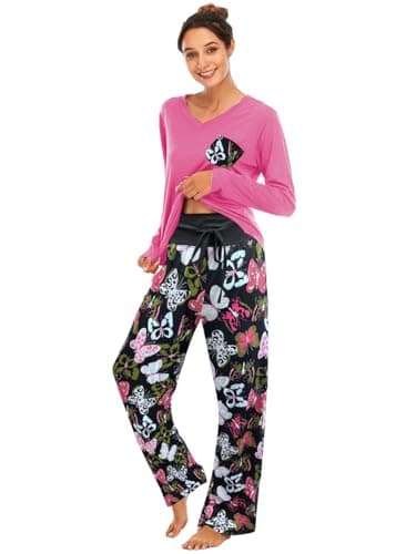 Image of Famulily Pyjamas Women Floral Print Nightwear Soft Pjs Lounge Sets with Pockets Hot Pink L