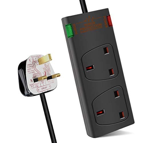 Image of ExtraStar 2 Way Surge Protected British Approved 13A Power Mains Extension Lead (Black, 2M)