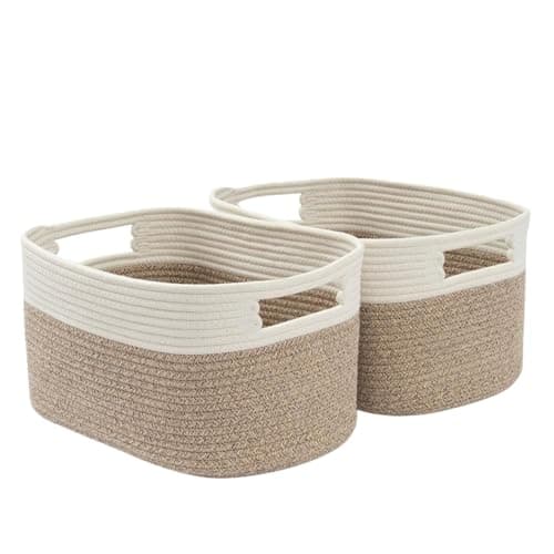 Image of Woodluv Woven Storage Basket Set of 2, Cotton Rope Basket for Shelves Closet Organizer, Rectangular Shelf Baskets for Toys, Books, Shoes, Baskets for Home Bathroom Decor, 33x23x20cm, Beige
