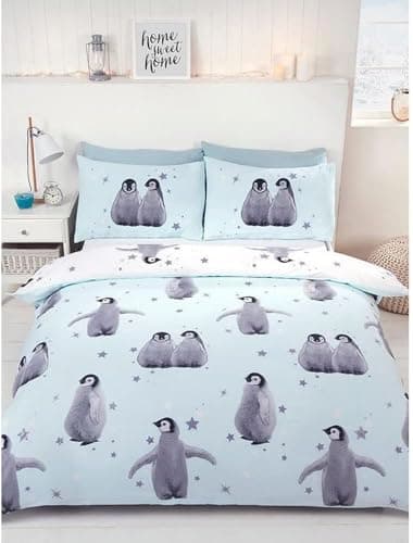 Image of Rapport Home Starry Penguins King Duvet Cover Set - Cute Ice Blue Reversible Bedding for Kids & Teens - Soft Polyester-Cotton Blend