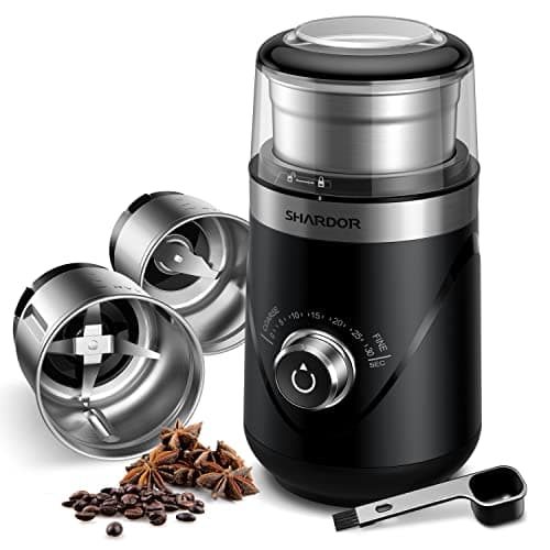 Image of SHARDOR Coffee & Spice Grinder Electric with 2 Removable Stainless Steel Cups, Timed Grind Control Rotary Knob,Adjustable Coarse to Fine for Coffee Beans, Wet & Dry Spice,70g,Black