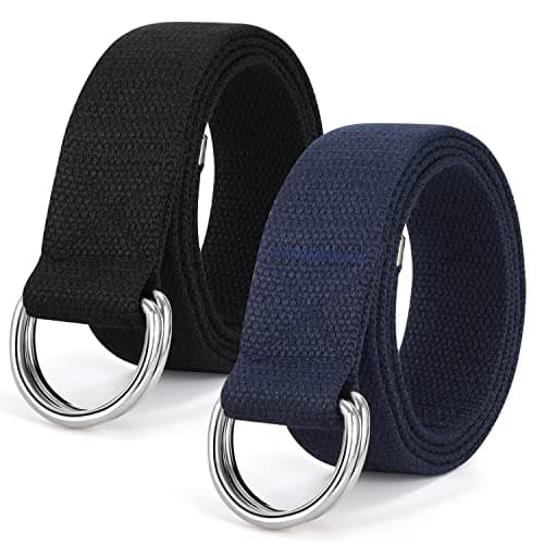 Image of SUOSDEY 2 Pack Mens Canvas Belt with Double D-Ring,Durable and Adjustable Casual Web Belt with Metal Buckle for Jeans Black Sapphire Blue