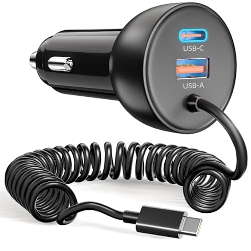 Image of 75W USB C Car Charger, 2-Port PD&QC Super Fast Charge Cigarette Lighter Car Adapter Plug 12V USB A/C Socket and 1.2M Type C Coiled Cable for iPhone 17 16 15 Pro Max iPad, Samsung S26 S25, Pixel Phone