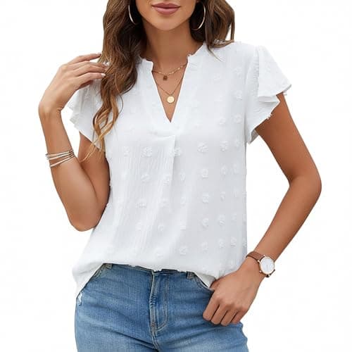 Image of viiotu Blouses for Women UK Summer Short Sleeve Ladies Shirts Chiffon Blouses V Neck Tops for Travel Party Daily Wear (UK, Alpha, L, Regular, Regular, White)