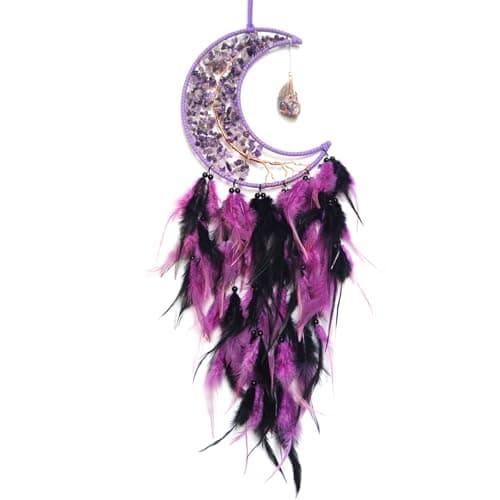 Image of Donko Purple and Black Large Moon Dream Catcher Tree of Life Dream Catchers with Stone Pendant Handmade Feather Dreamcatcher Wall Hanging Ornament for Bedroom Living Room Home Decor