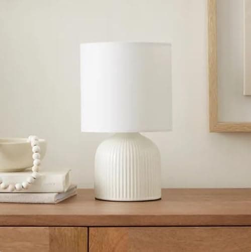 Image of New Contemporary Design Ribbed Ceramic Table Lamp with Soft Fabric Shade in Line Switch (White)