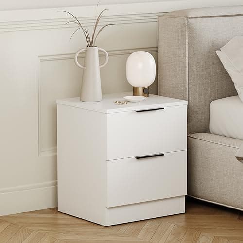 Image of Vida Designs Trega 2 Drawer Bedside Cabinet White - Compact Space-Saving Nightstand - 41H x 39W x 28D cm - Engineered Wood - Glide Drawers, Modern Black Handles - Ideal for Bedroom & Guest Room