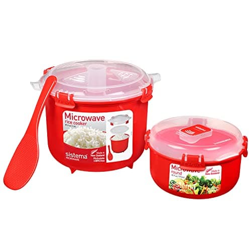 Image of Sistema Microwave Rice Cooker & Round Microwave Food Container Set | 2.6L915ml | Food Containers with Steam-Release Vents | BPA-Free | 2 Count