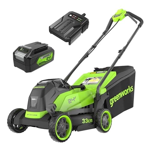 Image of Greenworks 24V Cordless Lawnmower with Brushless Motor for Smaller Lawns up to 140m², 33cm Cutting Width, 30L Bag, Lawnmower with 24V 4Ah Battery & Charger, 3 Year Guarantee-MO24L411-01