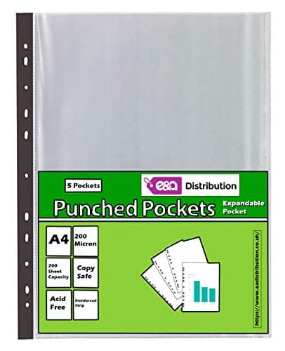 Image of A4 Clear Plastic Punched Pockets Filing Folders Wallets Sleeves Document Files (Punched Pockets Expandable 5)