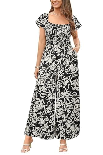 Image of VOTEPRETTY Jumpsuits for Women UK Short Sleeve Square Neck Smocked Wide Leg Long Playsuit One Piece with Pockets Black White Flower,L