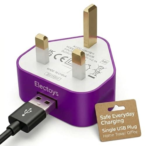 Image of Electoys Single USB Plug UK - 5V 1A USB Plug - Fast Charger Plugs Head - UK 3 Pin Plugs With Cable Port - Main Wall Charging Adapter - Compatible with iPhone 7 8 XS Max XR 11 12 Samsung, Redmi, Huawei