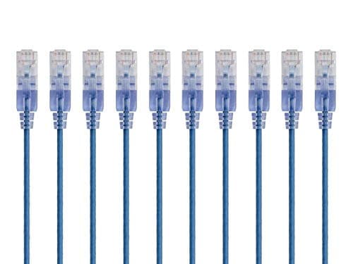 Image of Monoprice Cat6A Ethernet Patch Cable - Network Internet Cord - 0.3M (1ft) - Blue (10-Pack) RJ45, Stranded, 550Mhz, UTP, Pure Bare Copper Wire, 10G, 30AWG - SlimRun Series