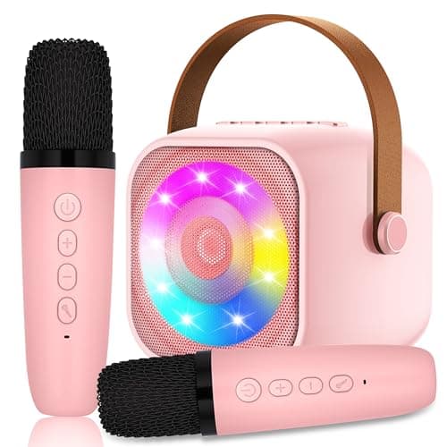 Image of Karaoke Machine for Kids, Mini Karaoke Machine with 2 Wireless Microphone, Portable Bluetooth Speaker with LED Lights, Best Birthday Gift Toys for Girls and Boys