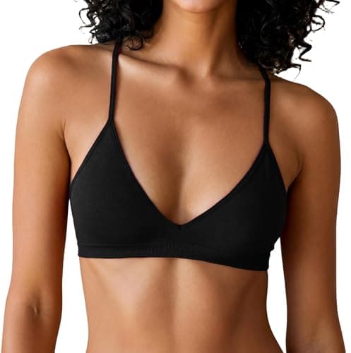Image of SEAUR Women's Triangle Bralette Elastic Plunge Bra V-Neck Wireless No Padded Soft Comfortable Everyday Sleep Bras Black S
