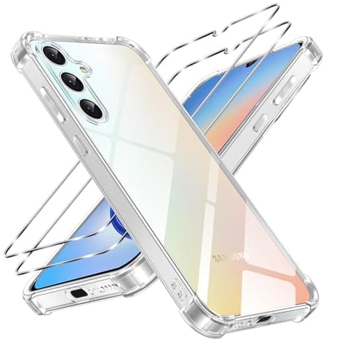Image of Crystal Clear for Samsung Galaxy A34 Case with 2* Screen Protector, [9H Tempered Glass Film] Non-Yellowing Shockproof Phone Bumper Cover, Anti-Scratch Clear Back for Samsung Galaxy A34 6.5-Inch