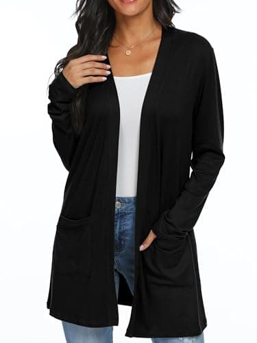 Image of QIXING Womens Cardigans with Pocket Lightweight Long Sleeve Open Front Black Cardigans for Women UK Elegant Casual Ladies Boyfriends Cardigans for Spring Summer Autumn (Black, M)