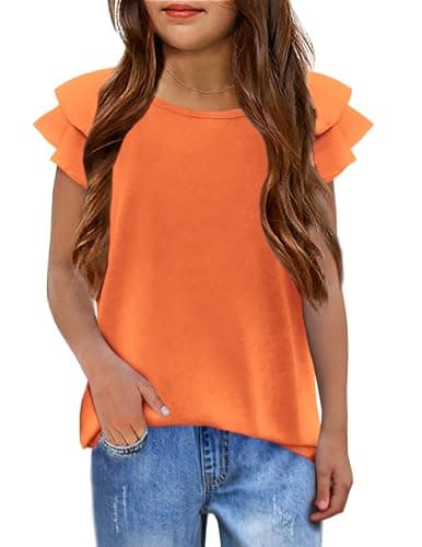 Image of Arshiner Girls T-Shirts Wavy Sleeves Kids Summer Cotton Short Sleeve Tops Casual Fashion Round Neck Tshirt for Girls 7-8 Years Orange