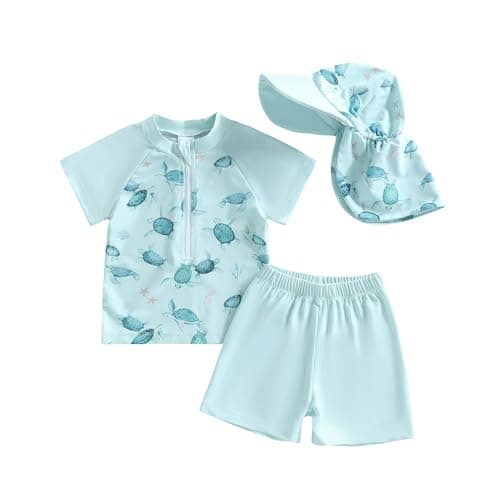 Image of BeliBacca Toddler Baby Boy Swimsuit Set Infant Short Sleeve Zipper Front Dinosaur Whale Turtle Print Tops Swim Trucks Hat Set Baby Rash Guard Set Beachwear Bathing Suit (Green, 2-3 Years)