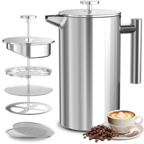 Image of VOSFEEL French Press 600ML, Cafetiere 4 Cup, Stainless Steel Coffee Press, Double Wall Insulation, 3 Level Filtration System, Heat Resistant, Easy to Clean