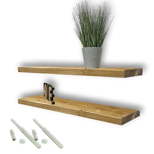 Image of MKGT Set of 2 Rustic Handcrafted Floating Wall Shelf Oak Colour - Industrial Reclaimed for Kitchen Room Decor (Rustic Pine, 40cm)