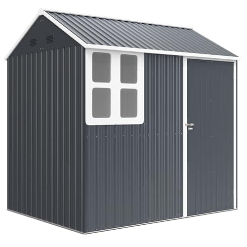 Image of Outsunny 7 x 6 ft Garden Shed, Metal Shed with Single Door, Window and Air Vents, Galvanised Outdoor Lockable Tool Storage House, Dark Grey