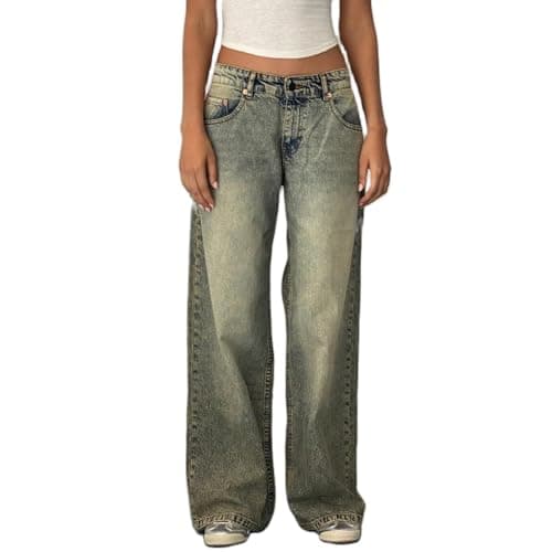Image of Felcia Womens Baggy Jeans Vintage Low Waist Straight Wide Leg Jeans Casual Loose Denim Pants with Pockets Y2K Streetwear (A-Yellow, S)