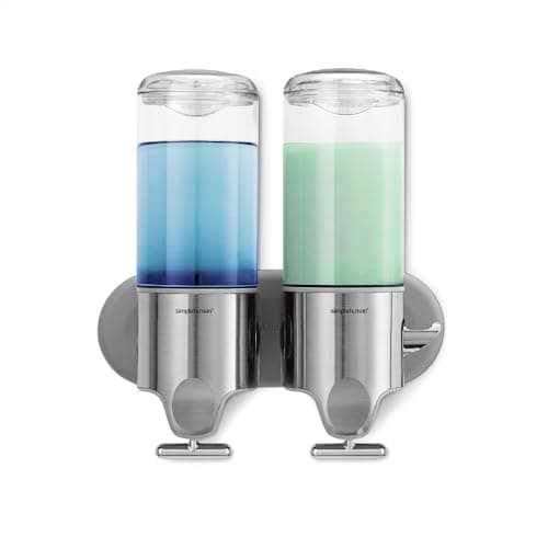 Image of simplehuman BT1028 444ml Twin Wall Mounted Soap Dispenser Pump for Soap, Shampoo, Conditioner, Shower Gel, Suitable for Bathroom, Easy to Install, Rustproof, Brushed Stainless Steel
