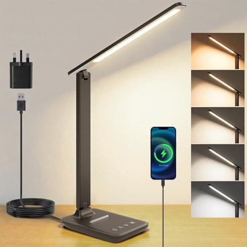 Image of UPXNBOR LED Desk Lamp, Dimmable Bedside Table Lamp with Eye-Caring Light & USB-A Charging Port, 5 Colour Modes & 5 Brightness Levels, Touch Control, Foldable Reading Light for Bedroom, Home Office