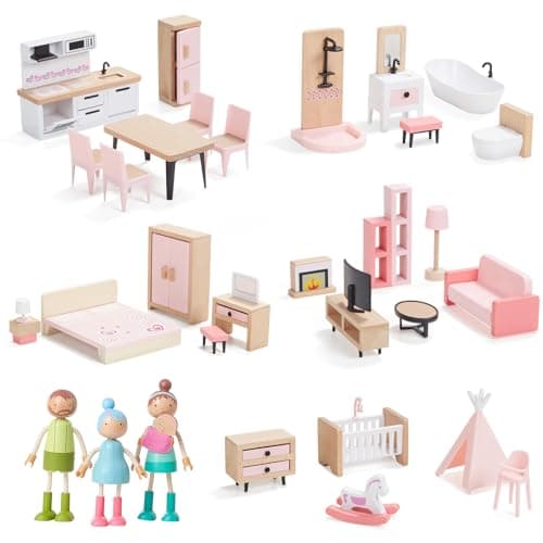 Image of Giant bean Wooden Dollhouse Furniture Set, 36 Pcs Furnitures, Dollhouse Accessories Pretend Play Furniture Toys for Boys Girls & Toddlers 3Y+, Christmas Birthday Gift, Pink