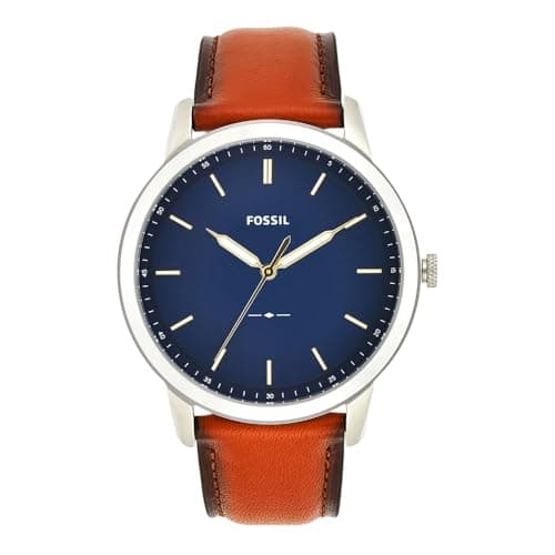 Image of Fossil The Minimalist Men's Quartz Watch with Blue Dial and Brown Leather Strap FS5304